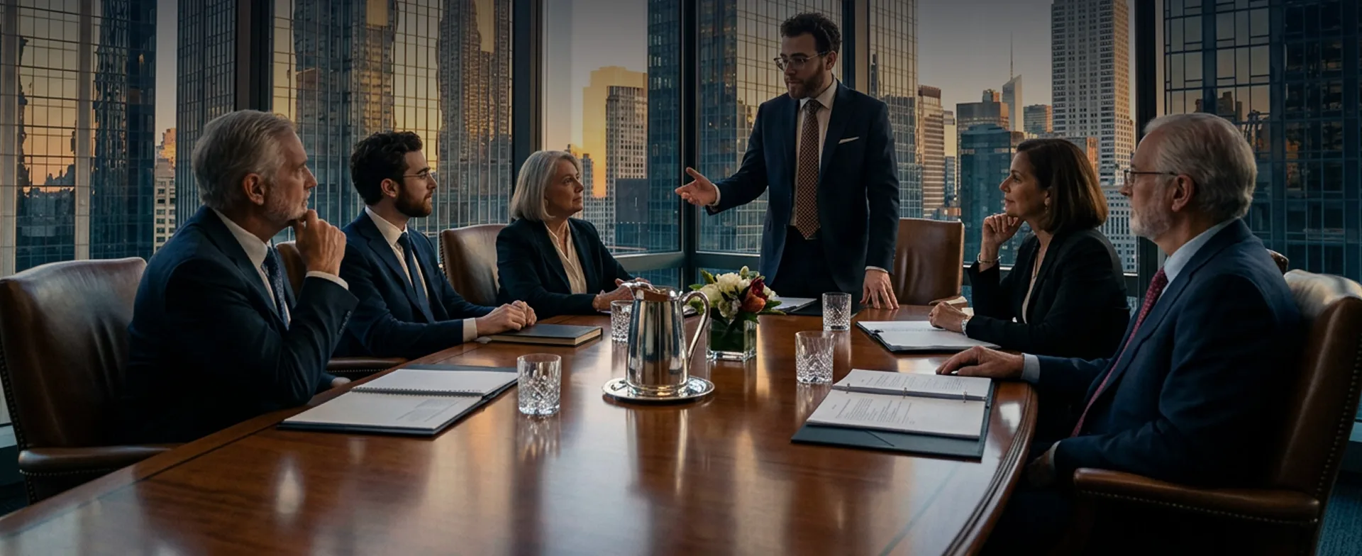 Financial District trust lawyer leading a planning meeting with clients and the New York City skyline behind