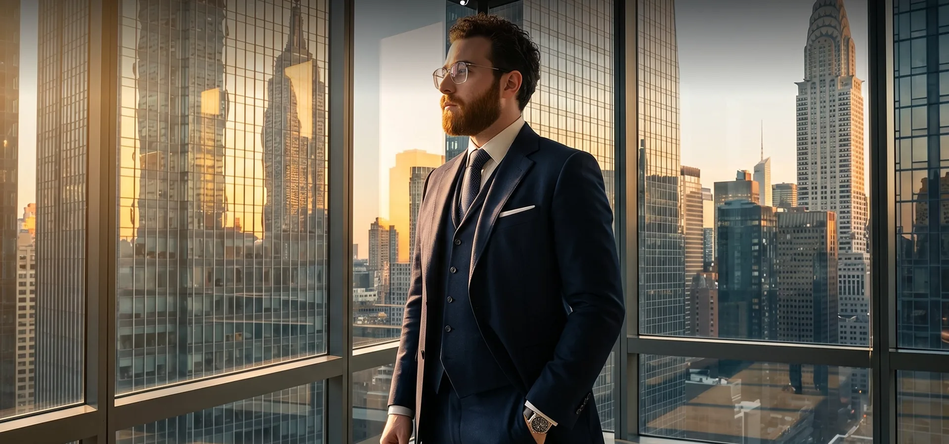 Probate lawyer standing in a Manhattan high-rise office overlooking the New York City skyline