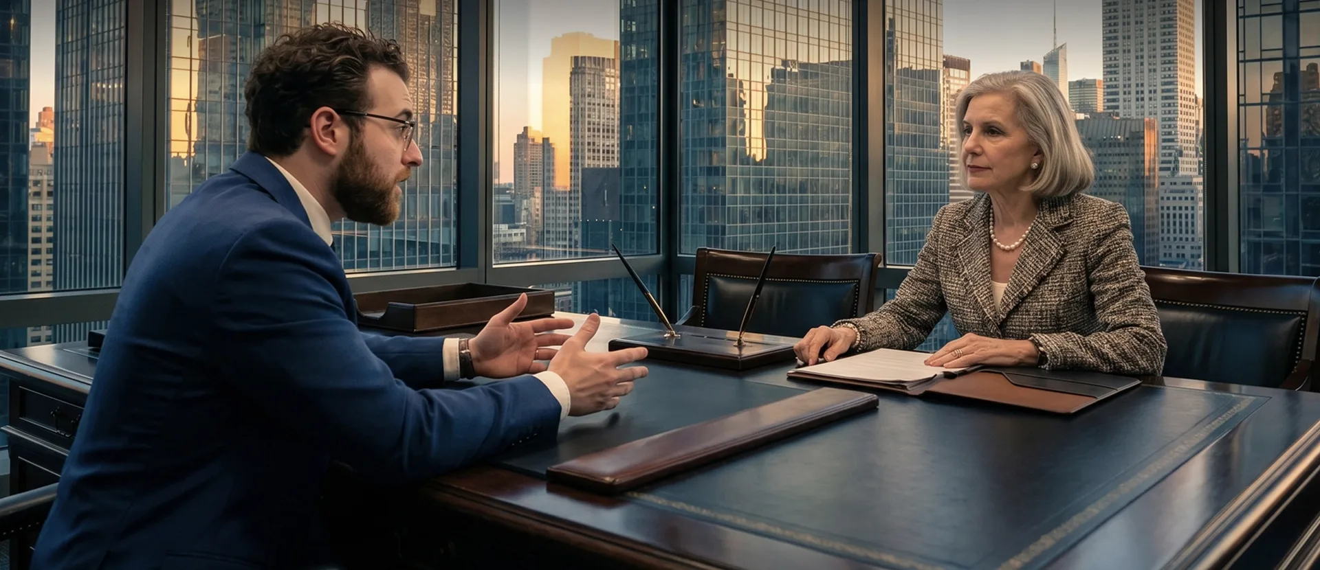 Probate lawyer meeting with an Upper East Side client at a Manhattan office