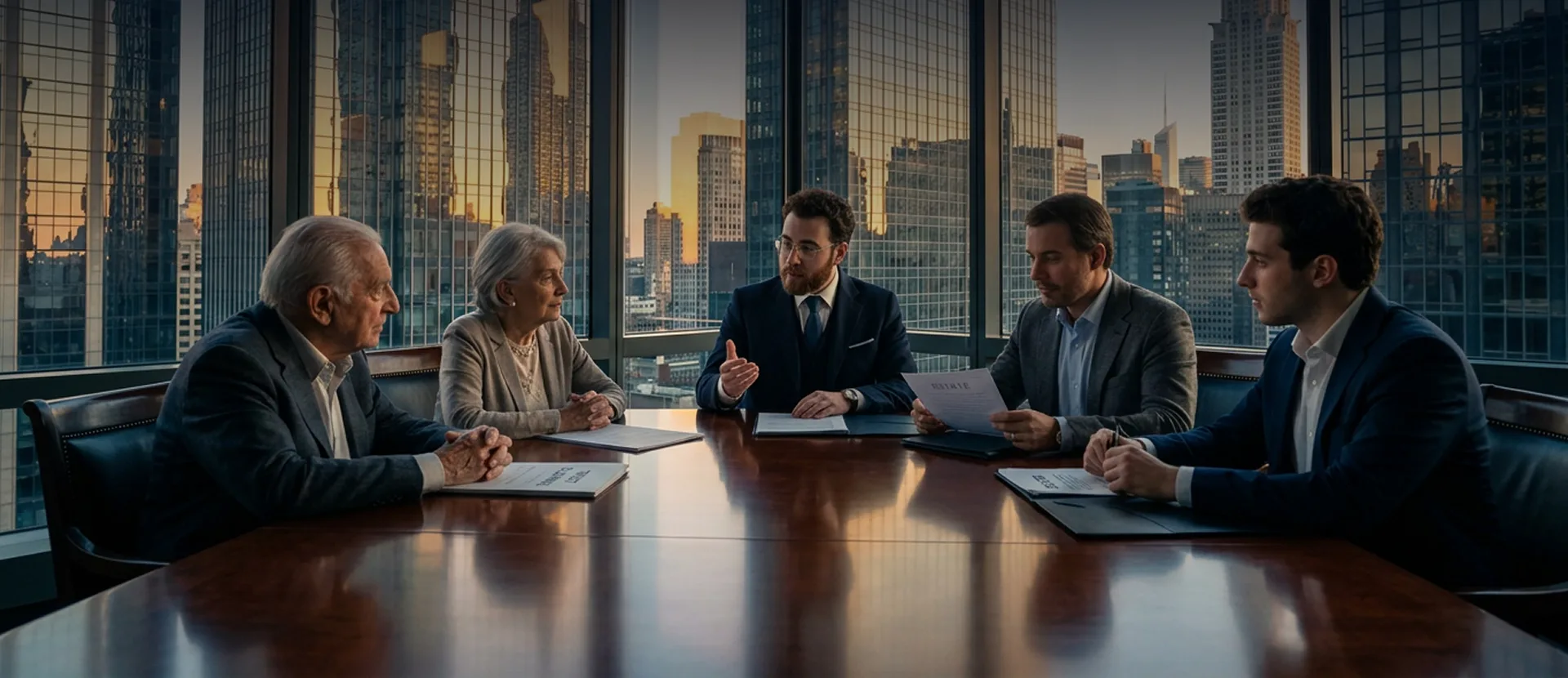 Trust lawyer advising a Manhattan family around a conference table