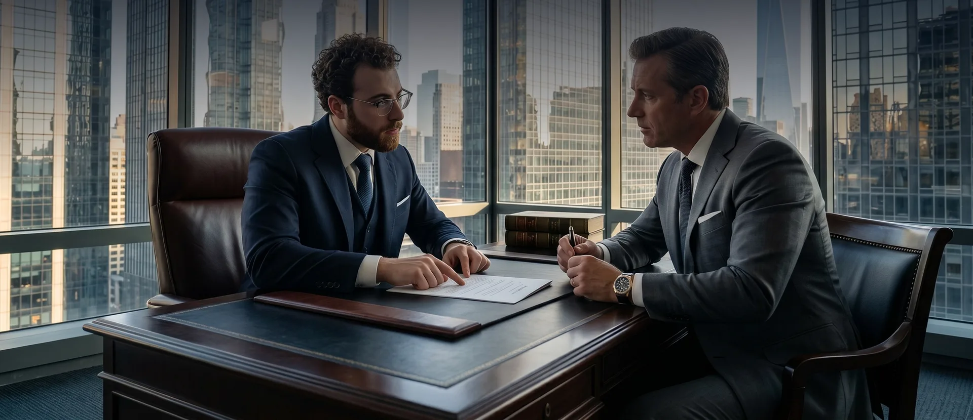 Will attorney reviewing a will with a client in a Financial District office